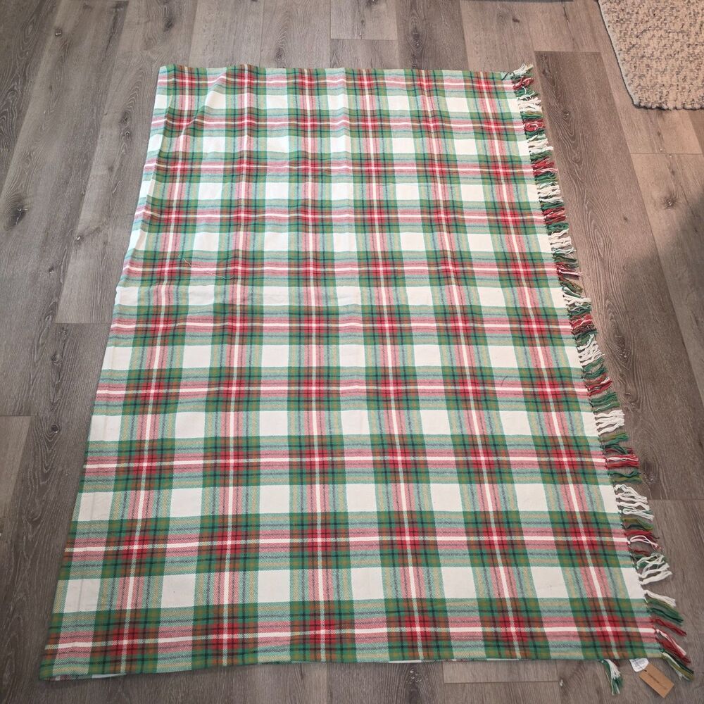 Creative Co-op 100% Cotton Christmas Plaid Fringe 90"x70" Brushed Table Cloth